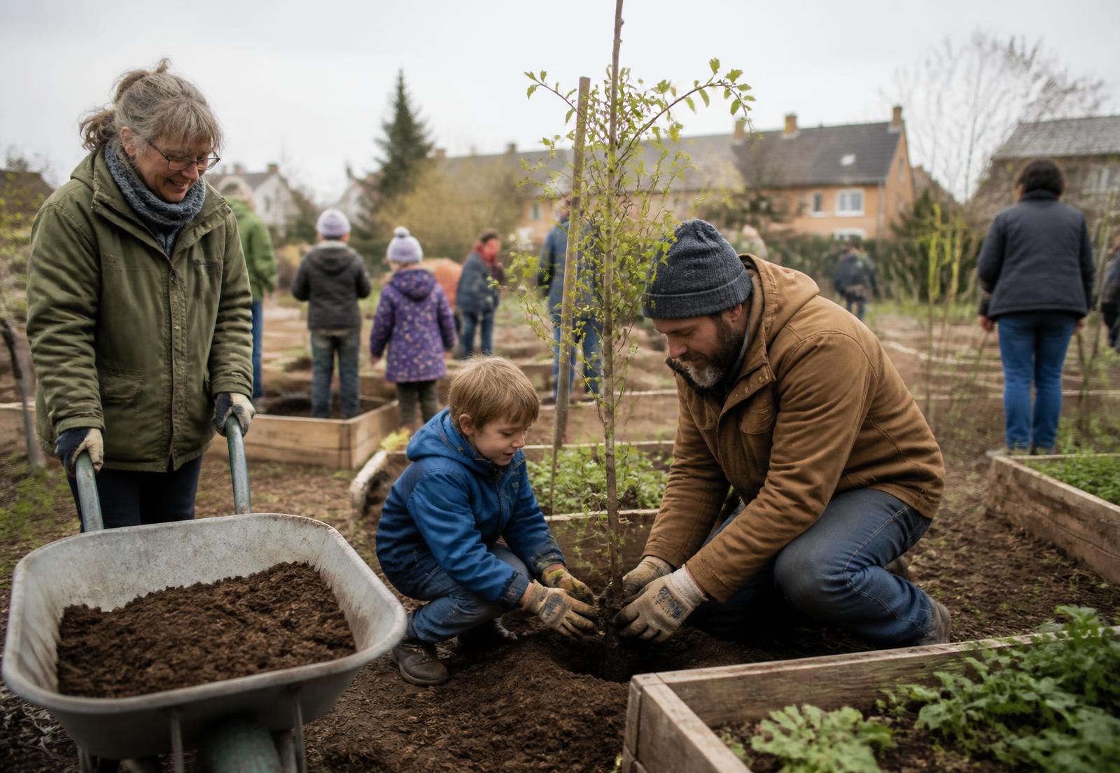 Volunteers of different ages planting a young tree in a community garden