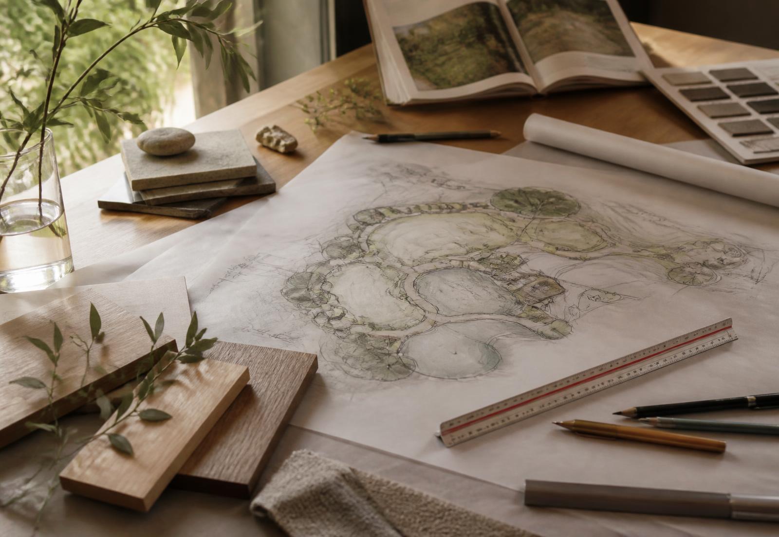 Hand-drawn landscape masterplan with stone and timber samples on a studio desk